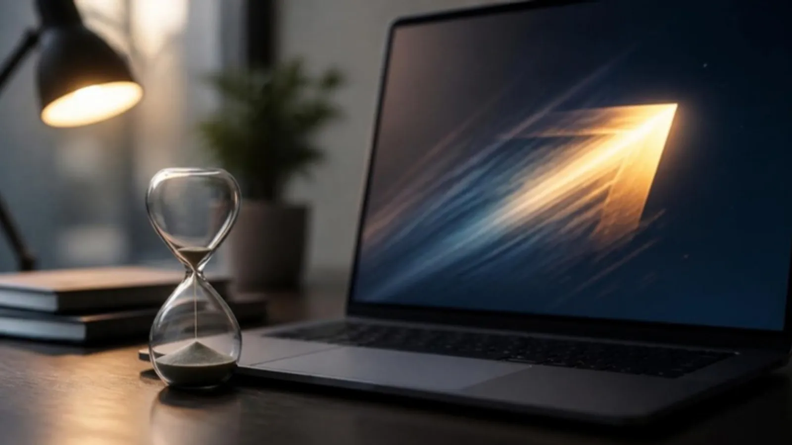 Sanduhr mit wenig Sand neben Laptop mit leuchtendem Pfeilsymbol