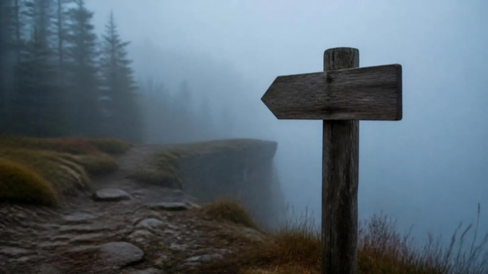 Wegweiser im Nebel steht vor einem abrupt endenden Pfad