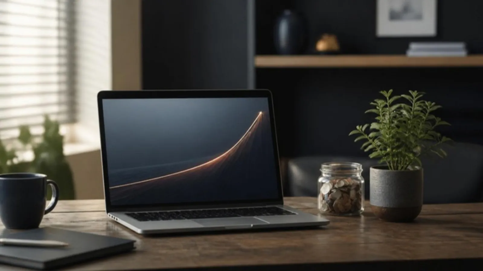 Laptop mit ansteigender Kurve neben Münzglas und wachsender Pflanze