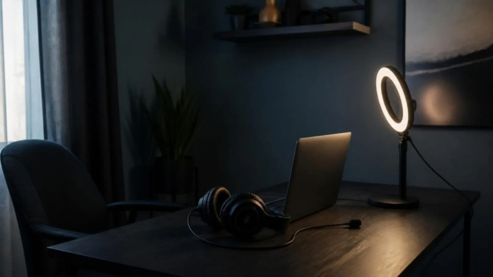 Laptop mit Ringlicht und Headset auf Tisch in abgedunkeltem Raum
