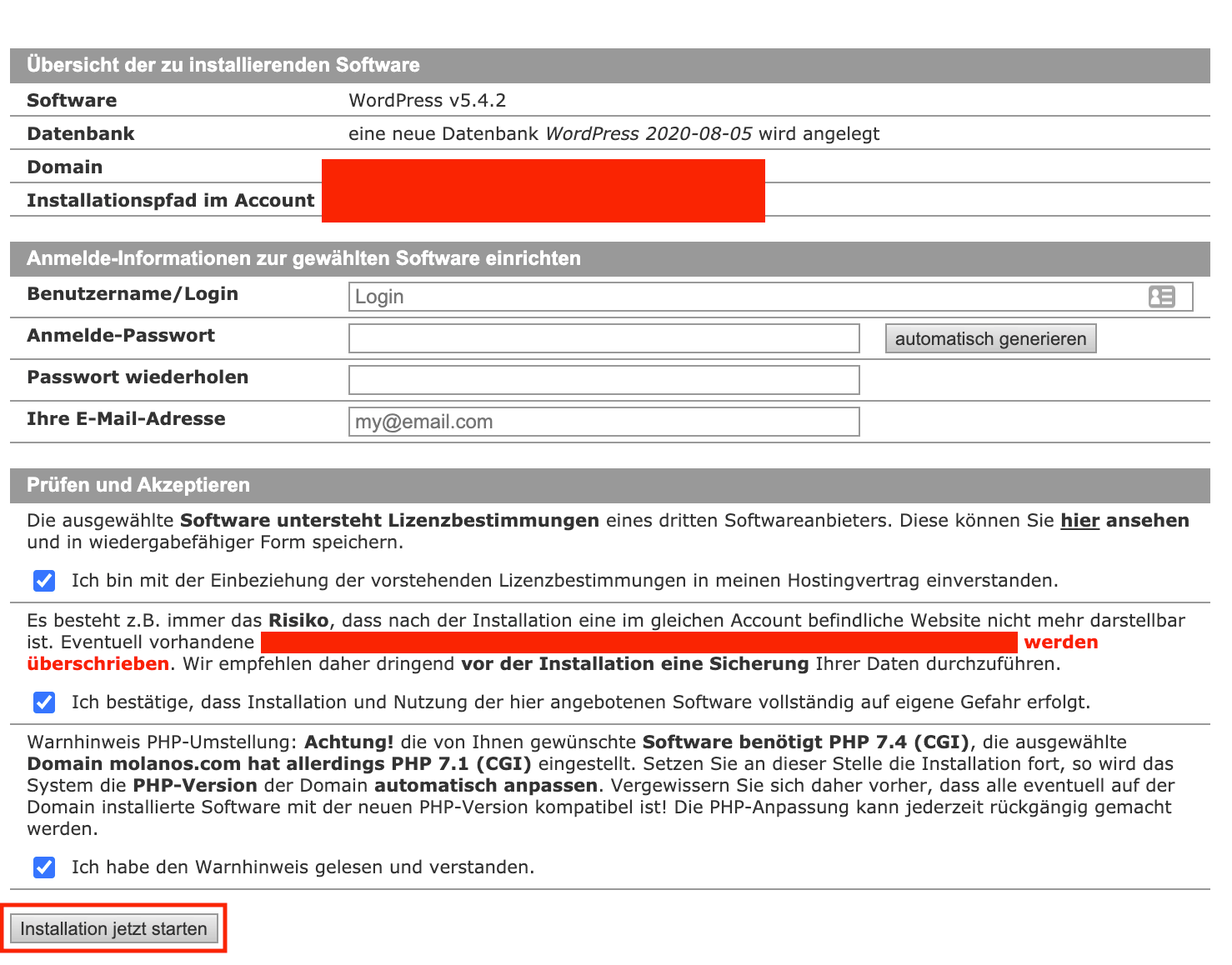 Wordpress installieren final bestaetigung