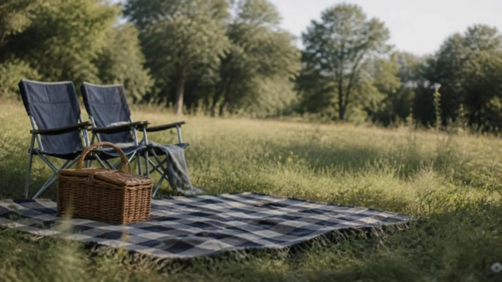 Picknickdecke mit Weidenkorb und Campingstühlen auf einer Wiese