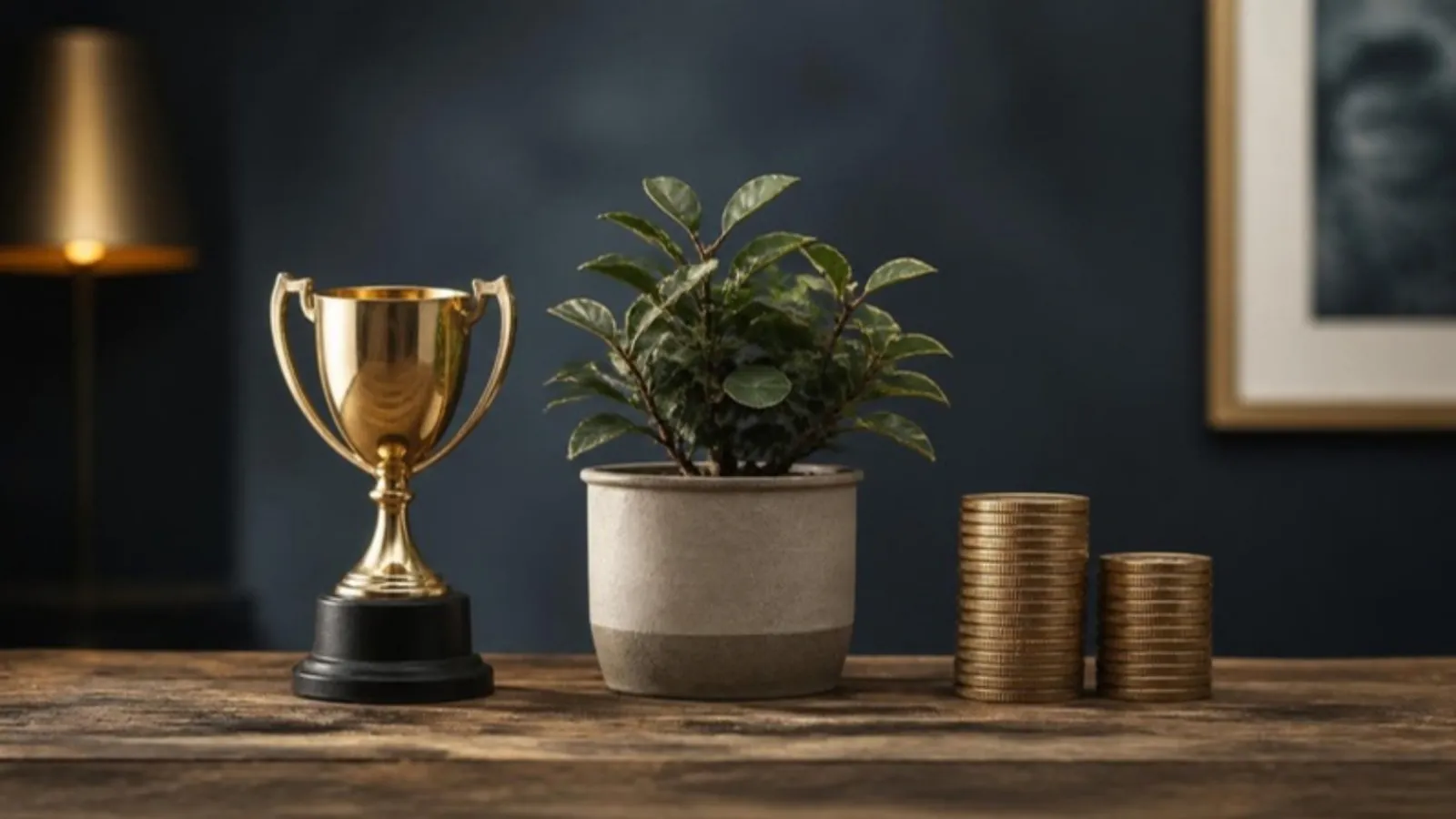 Pokal, Pflanze und Münzstapel stehen nebeneinander auf einem Tisch