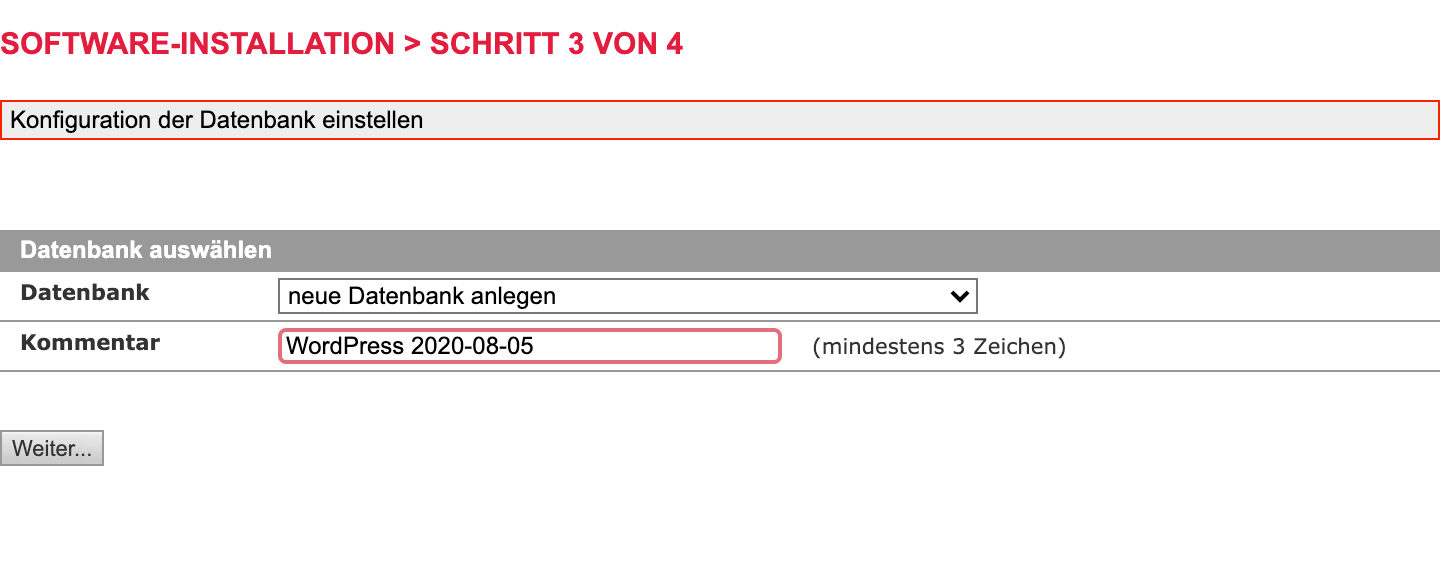 Wordpress Installation neue Datenbank anlegen