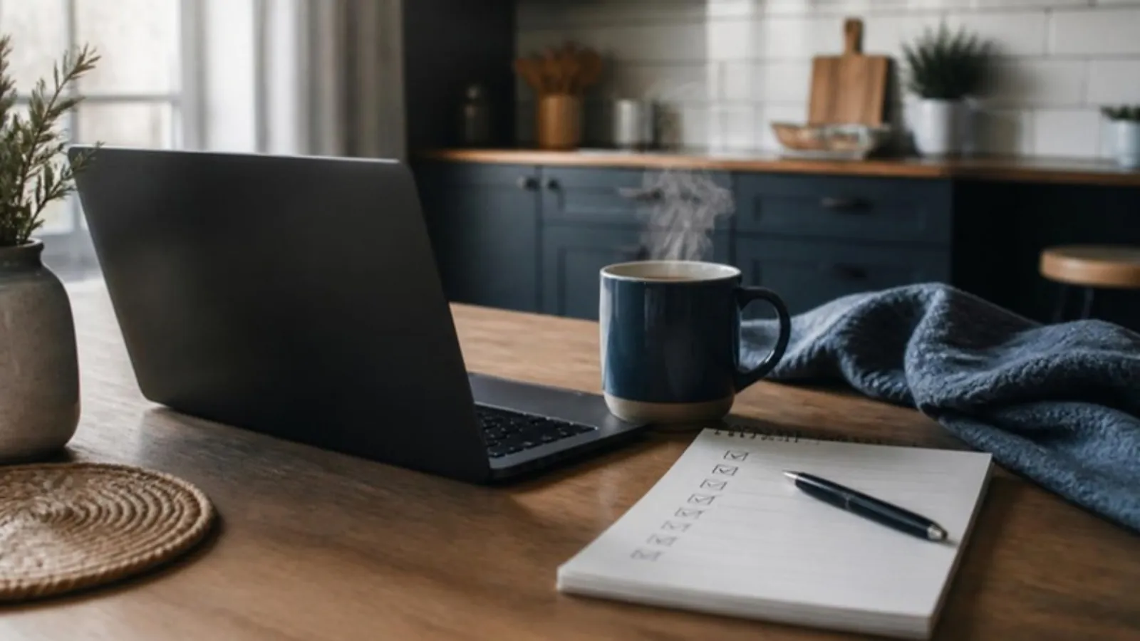 Laptop und Checkliste mit angehakten Kästchen stehen neben Kaffeetasse