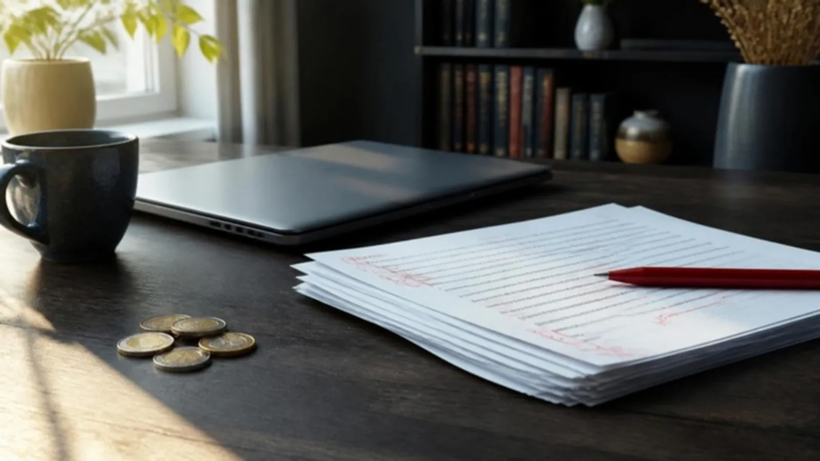 Papierstapel mit roten Korrekturlinien neben Münzen auf Schreibtisch