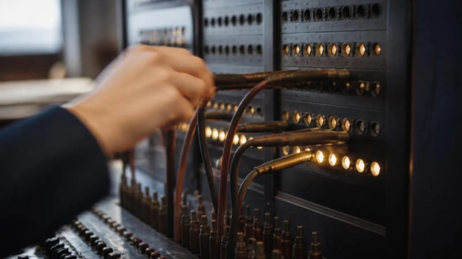 Hand steckt Kabel in eine altmodische Telefonvermittlung mit vielen Buchsen