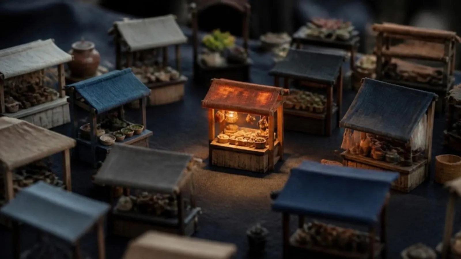 Miniatur Marktstände stehen auf einem Tisch, einer ist beleuchtet