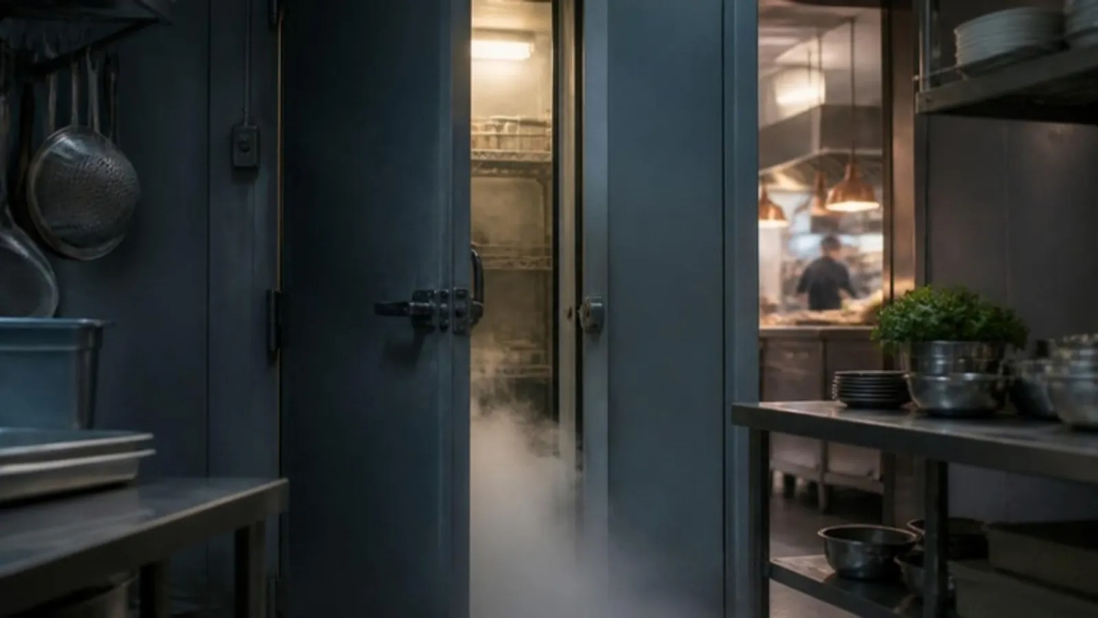 Kühlraumtür steht offen, kalter Nebel zieht in warme Küche