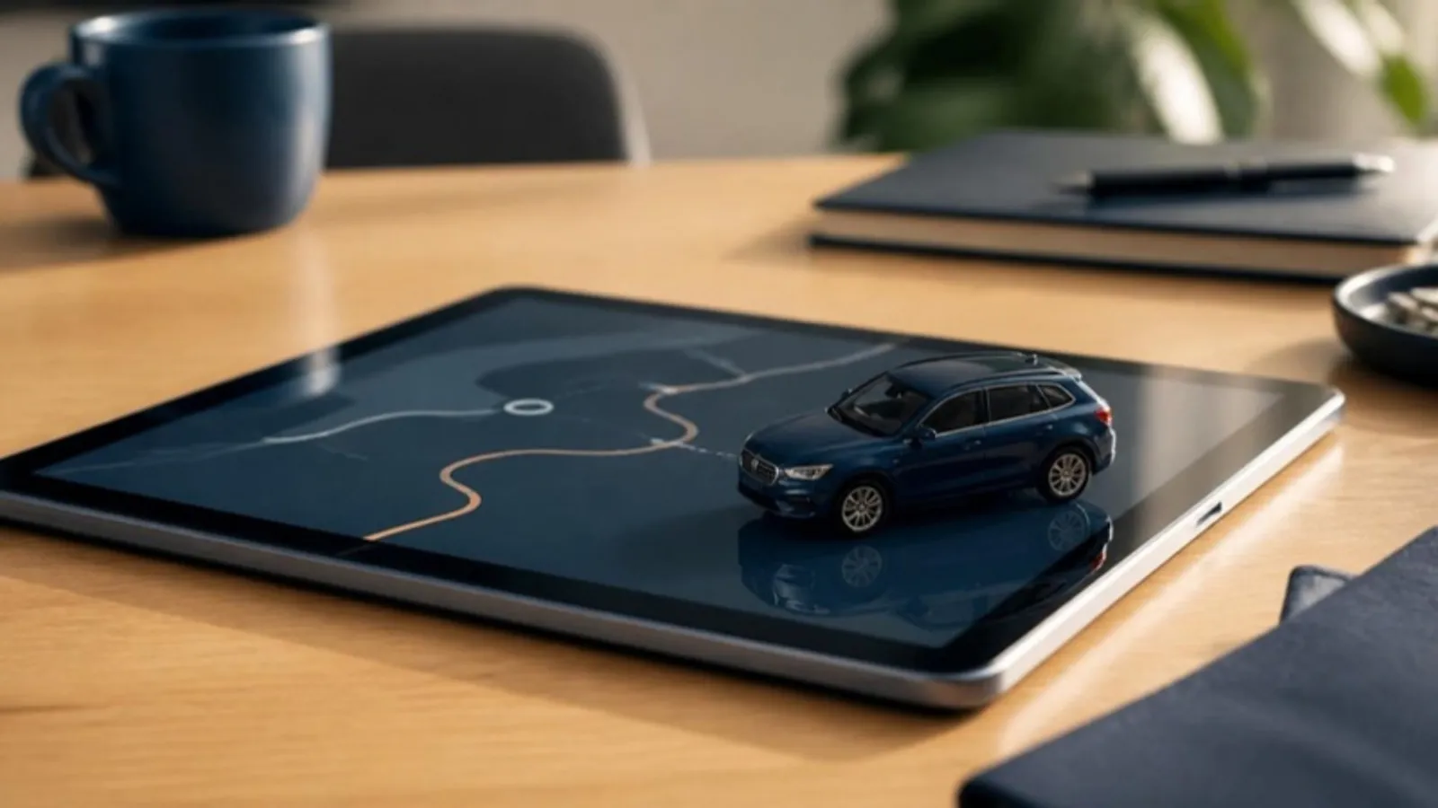 Modellauto steht auf einem Tablet mit abstrakter Routenlinie