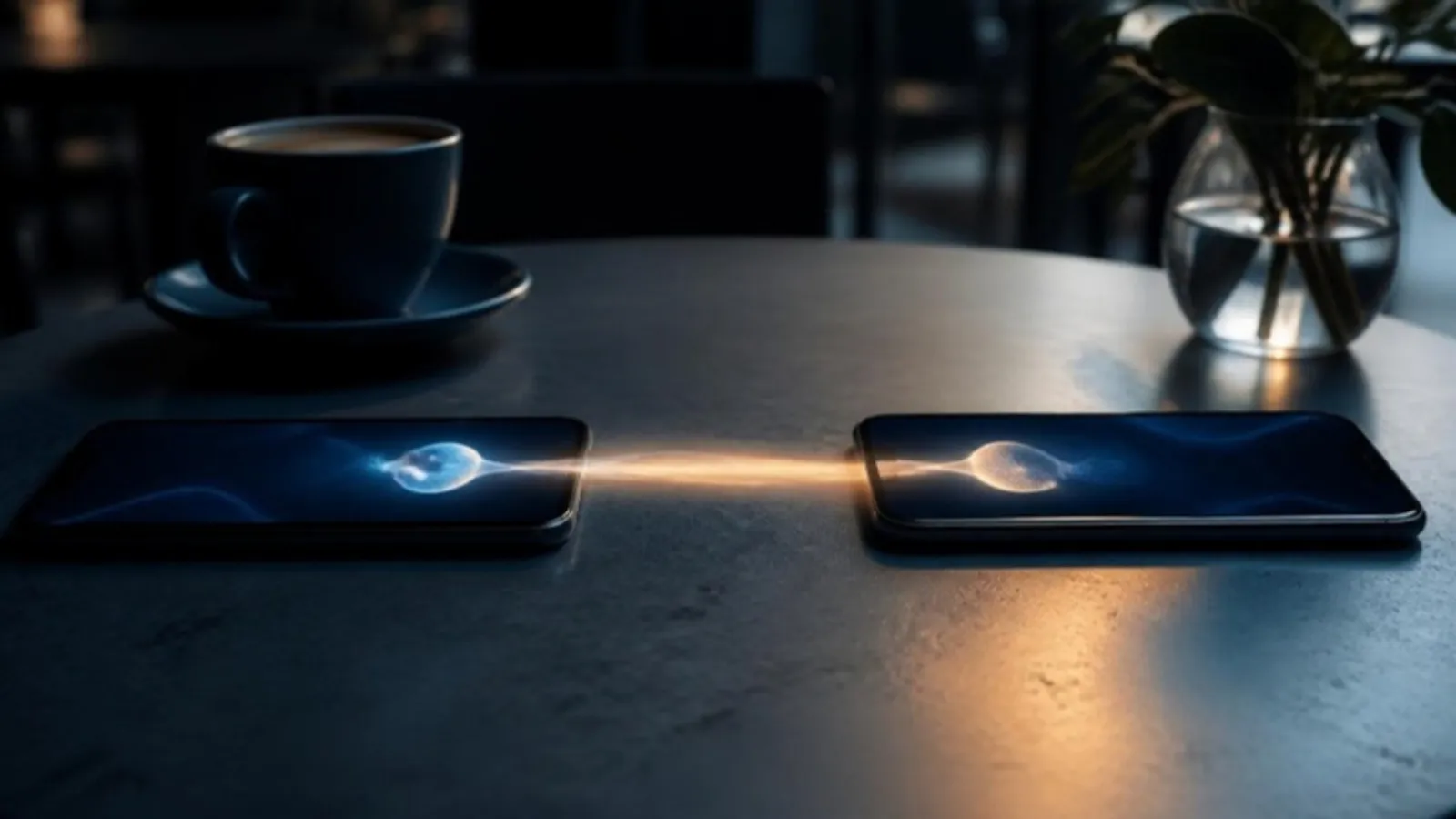 Zwei Handys tauschen ein leuchtendes Symbol über einen Lichtstrahl aus