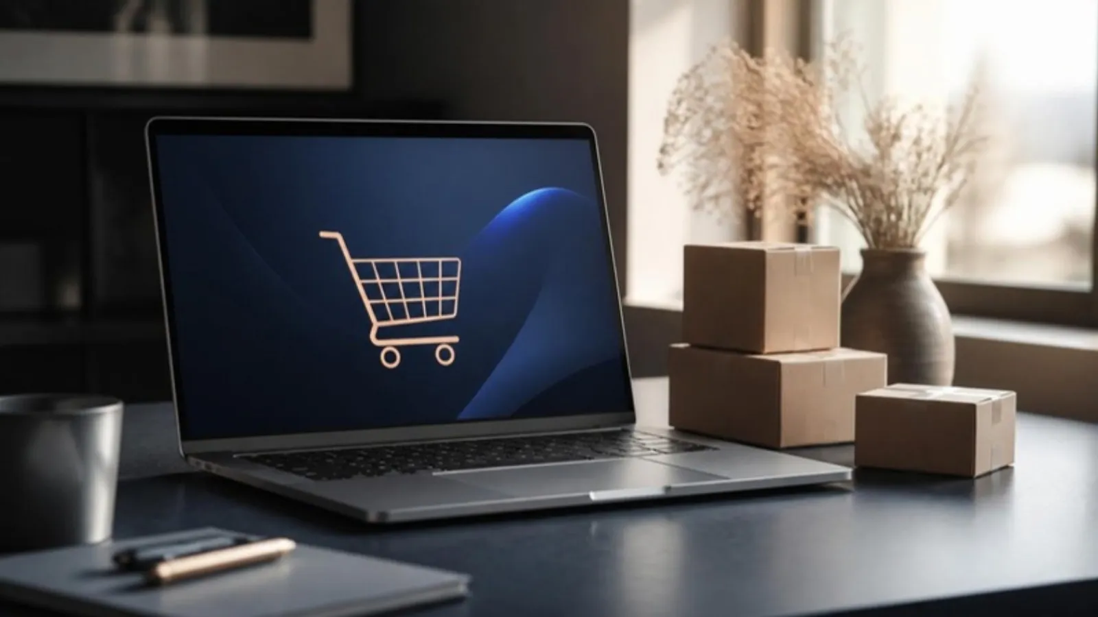 Laptop mit abstraktem Einkaufswagen Symbol neben gestapelten Kartons