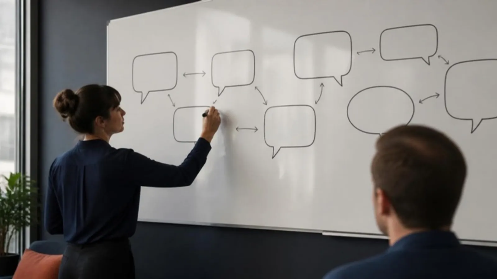Whiteboard zeigt verbundene leere Sprechblasen in einem Besprechungsraum