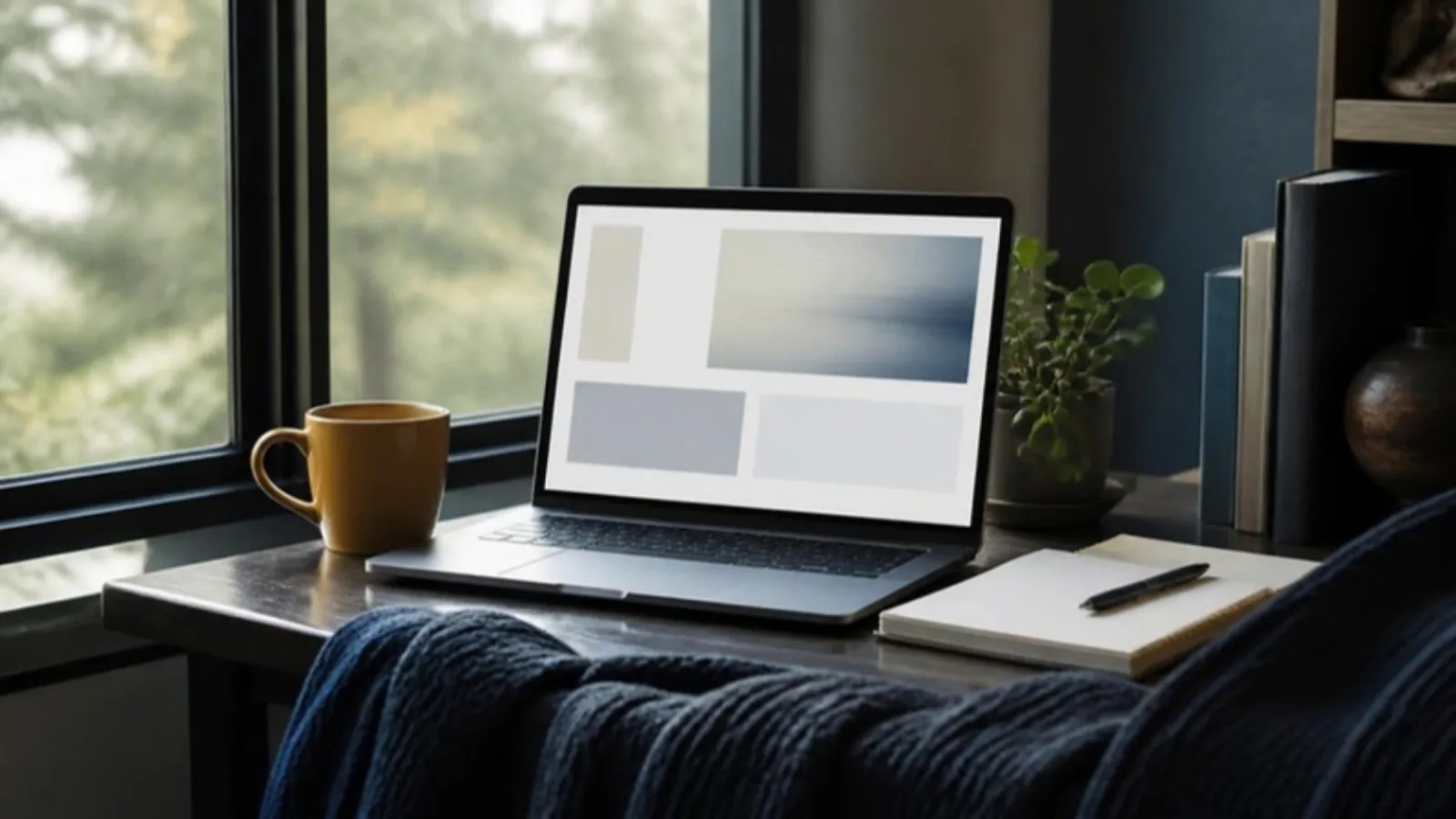Laptop mit abstraktem Blocklayout neben Notizbuch und Tasse am Fenster