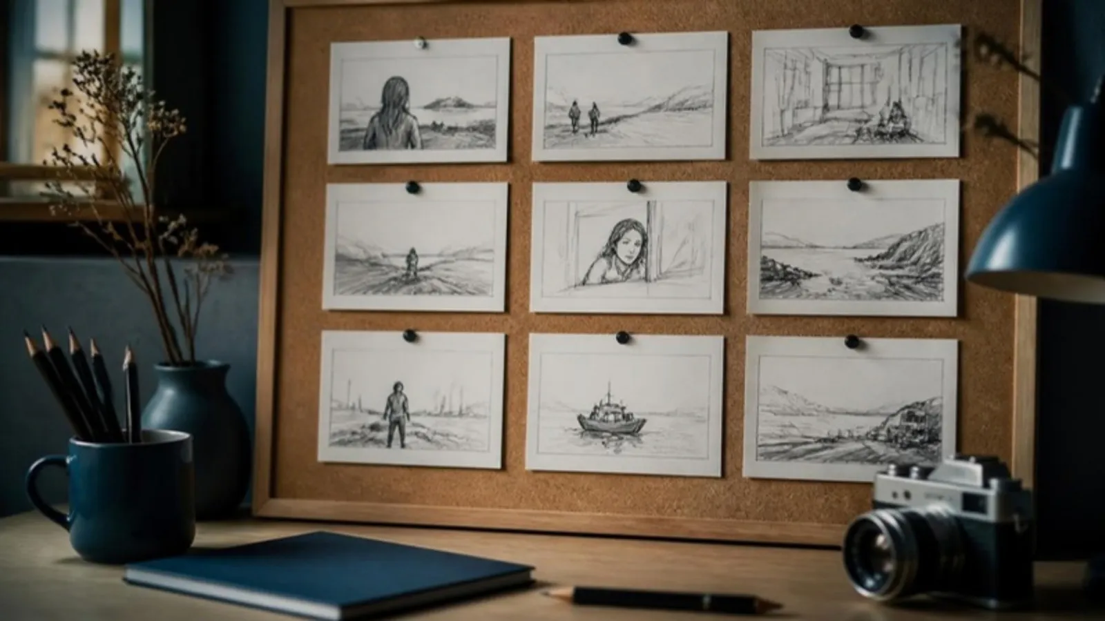 Storyboard Skizzen an einer Pinnwand neben Bleistift und kleiner Kamera