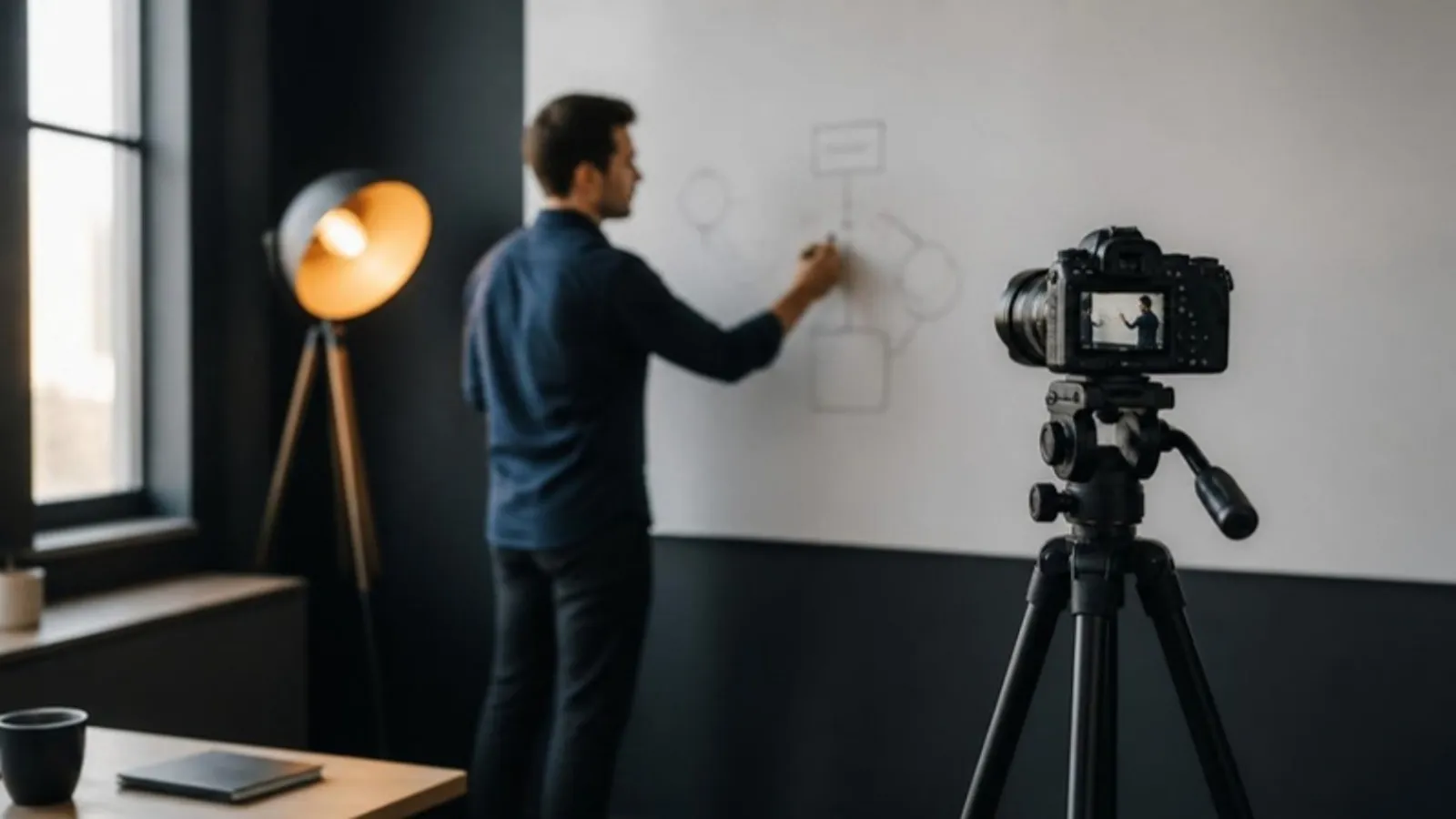Hand zeichnet einfache Formen auf ein Whiteboard vor einer Kamera