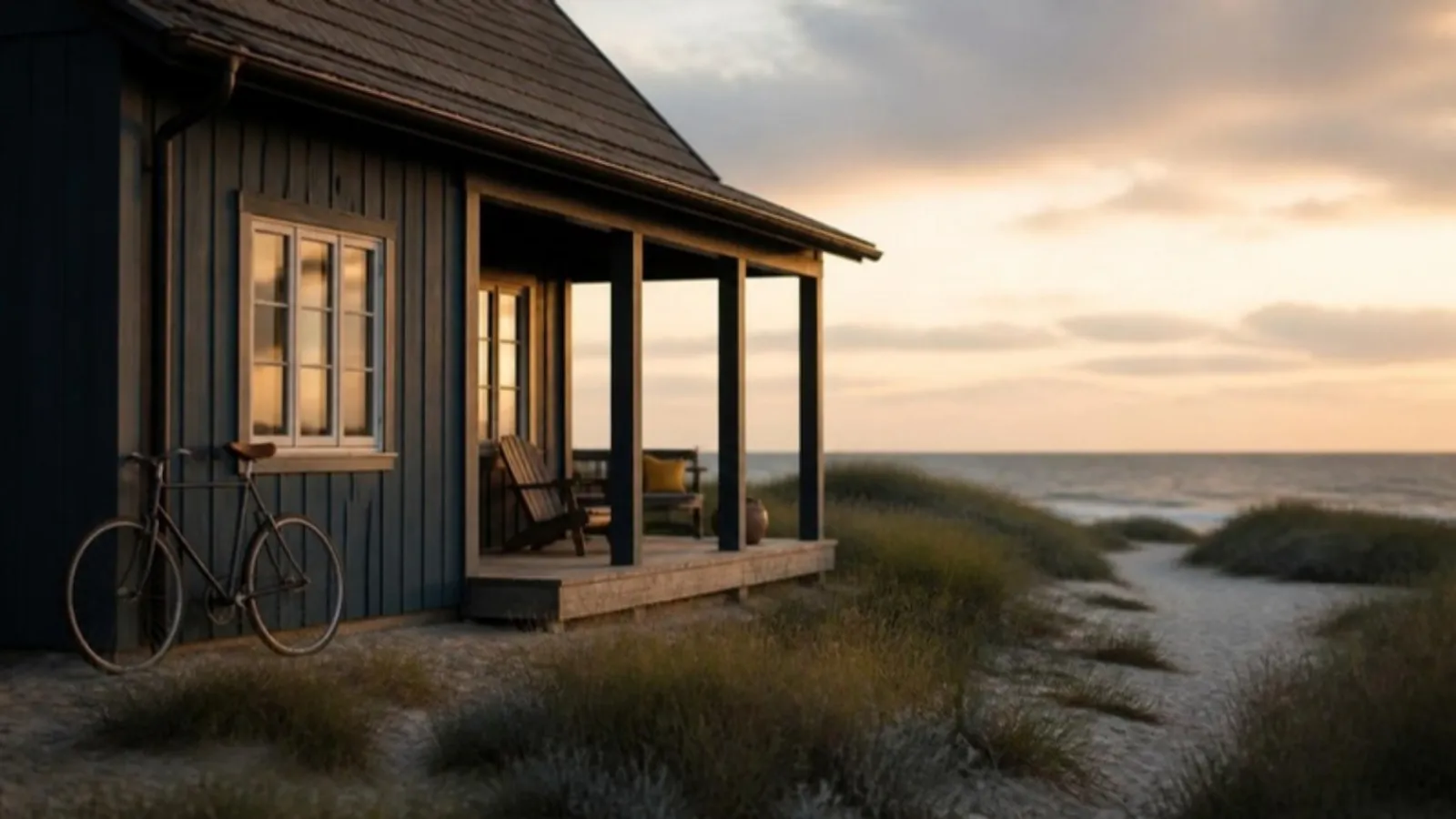 Strandhaus mit Fahrrad steht vor Dünen und Meer im Abendlicht