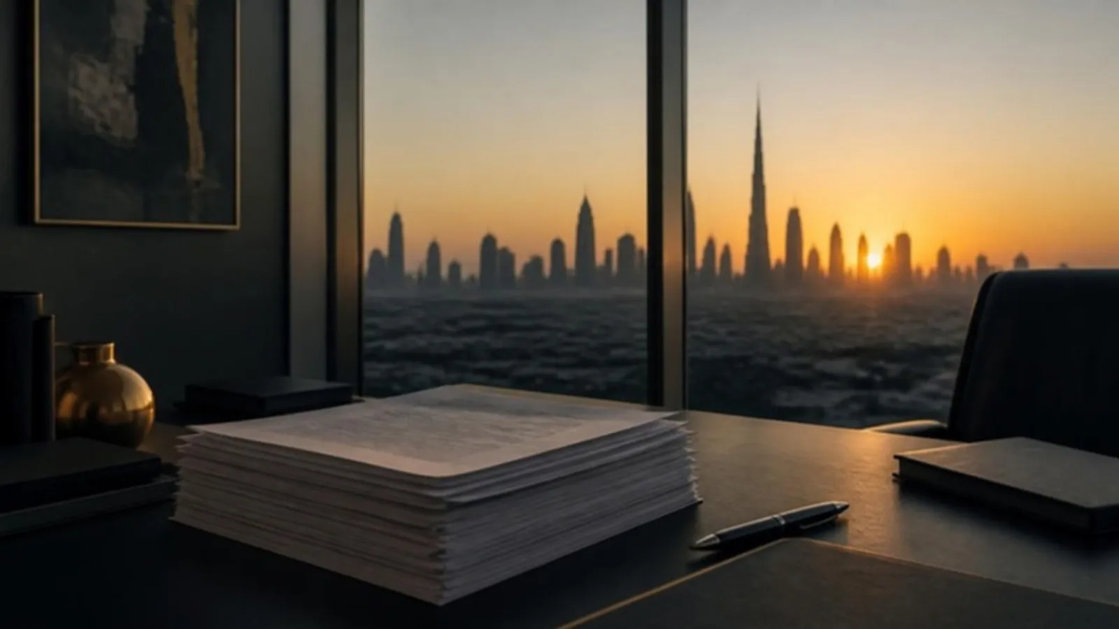 Wüstenskyline im Abendlicht hinter Bürofenster mit Dokumenten und Stift
