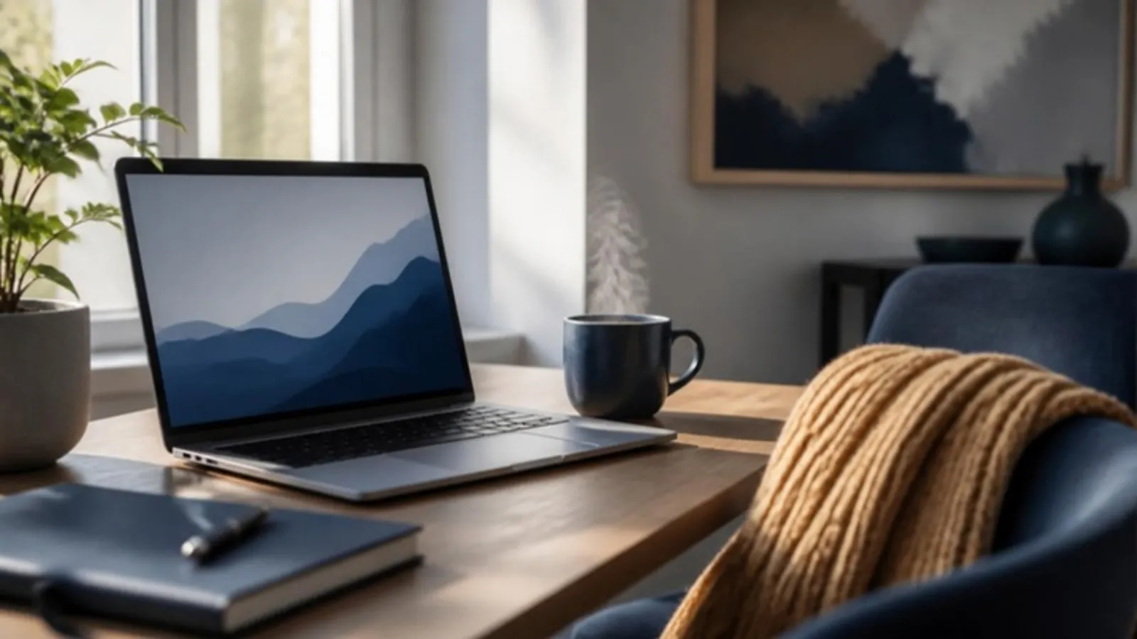 Laptop mit Kurve, Kaffeetasse und Pflanze an einem sonnigen Heimarbeitsplatz