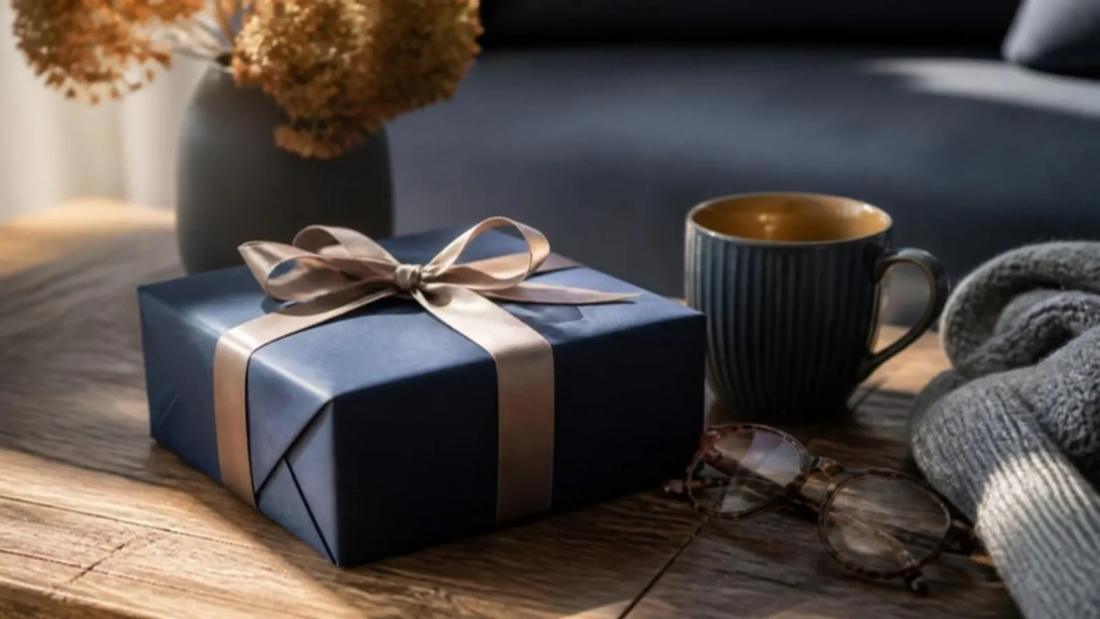 Verpacktes Geschenk mit Schleife liegt neben Tasse und Lesebrille