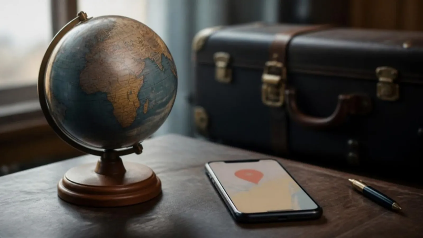 Weltkugel neben Handy mit Kartennadel Symbol und Koffer im Hintergrund