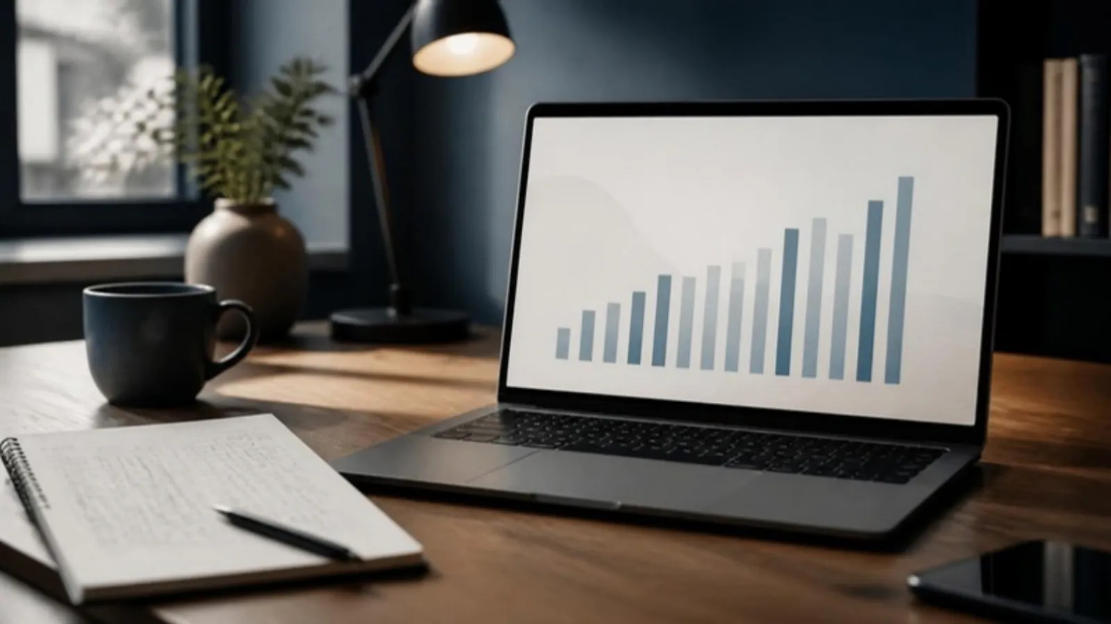 Laptop mit abstraktem Balkendiagramm neben Notizblock mit Zahlen