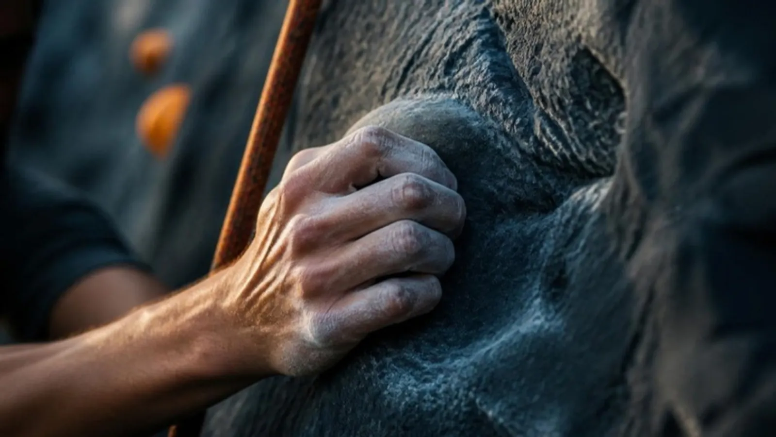 Hand mit Magnesium greift einen Griff an einer Kletterwand