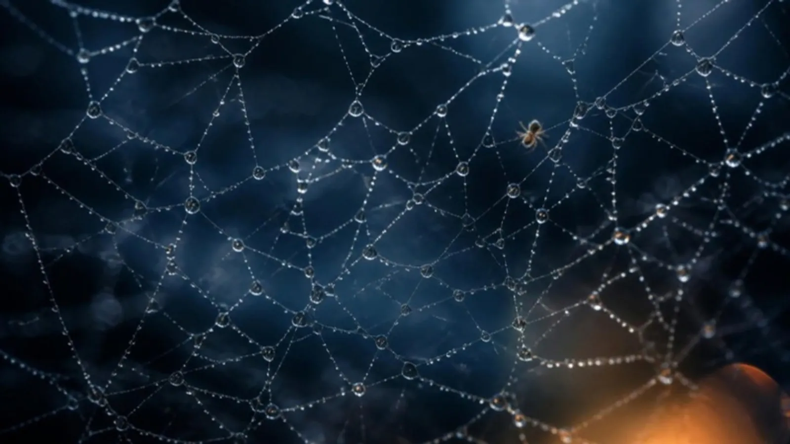 Taubedecktes Spinnennetz mit vielen verbundenen Fäden im Morgenlicht