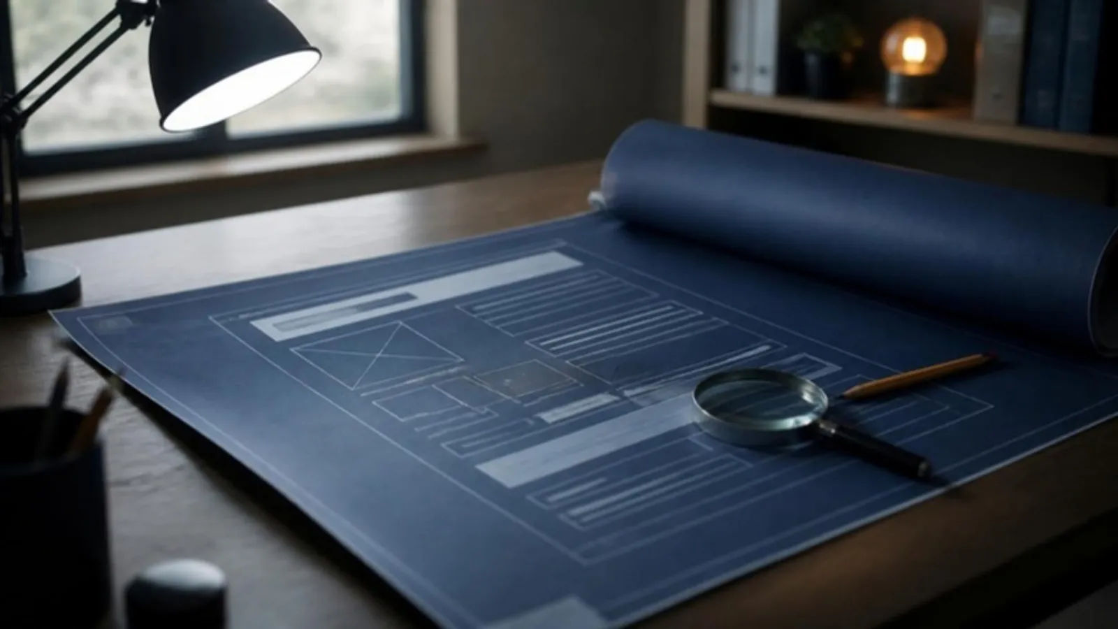 Wireframe eines Seitenlayouts mit Bleistift und Lupe auf Zeichentisch