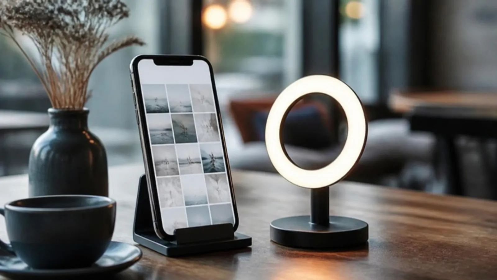 Handy mit Fotorasterbildschirm und Ringlicht auf einem Cafetisch