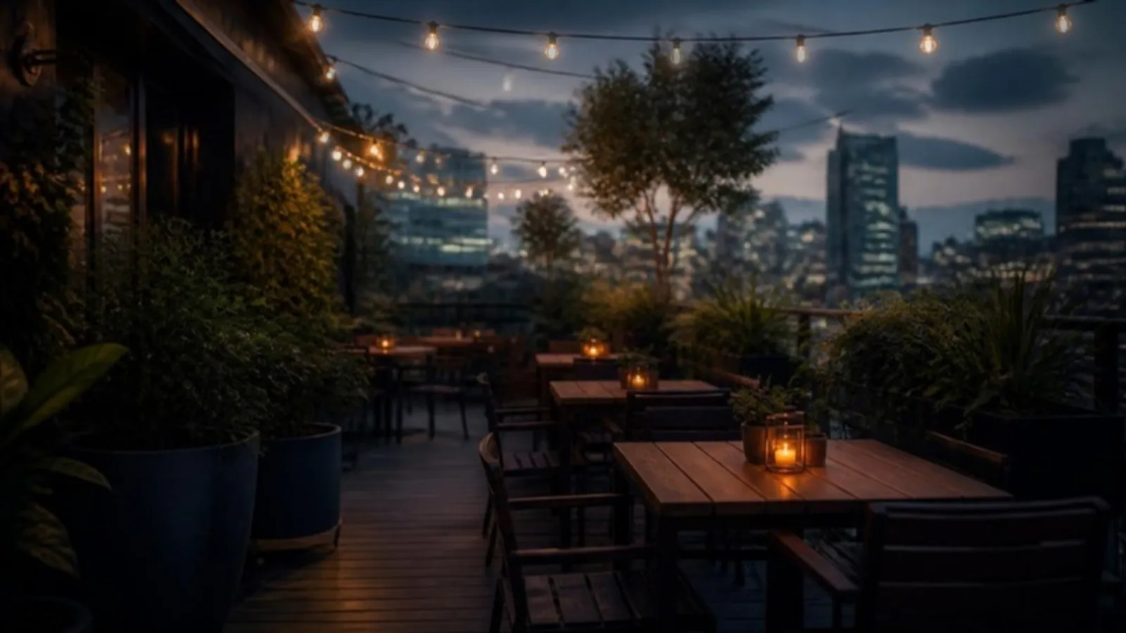 Dachterrasse mit Pflanzen und Lichterketten über leeren Holztischen