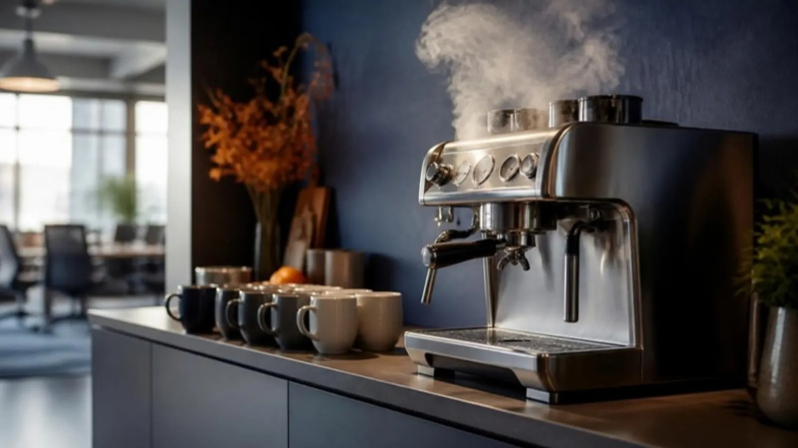 Espressomaschine mit aufsteigendem Dampf neben Tassenreihe im Büro