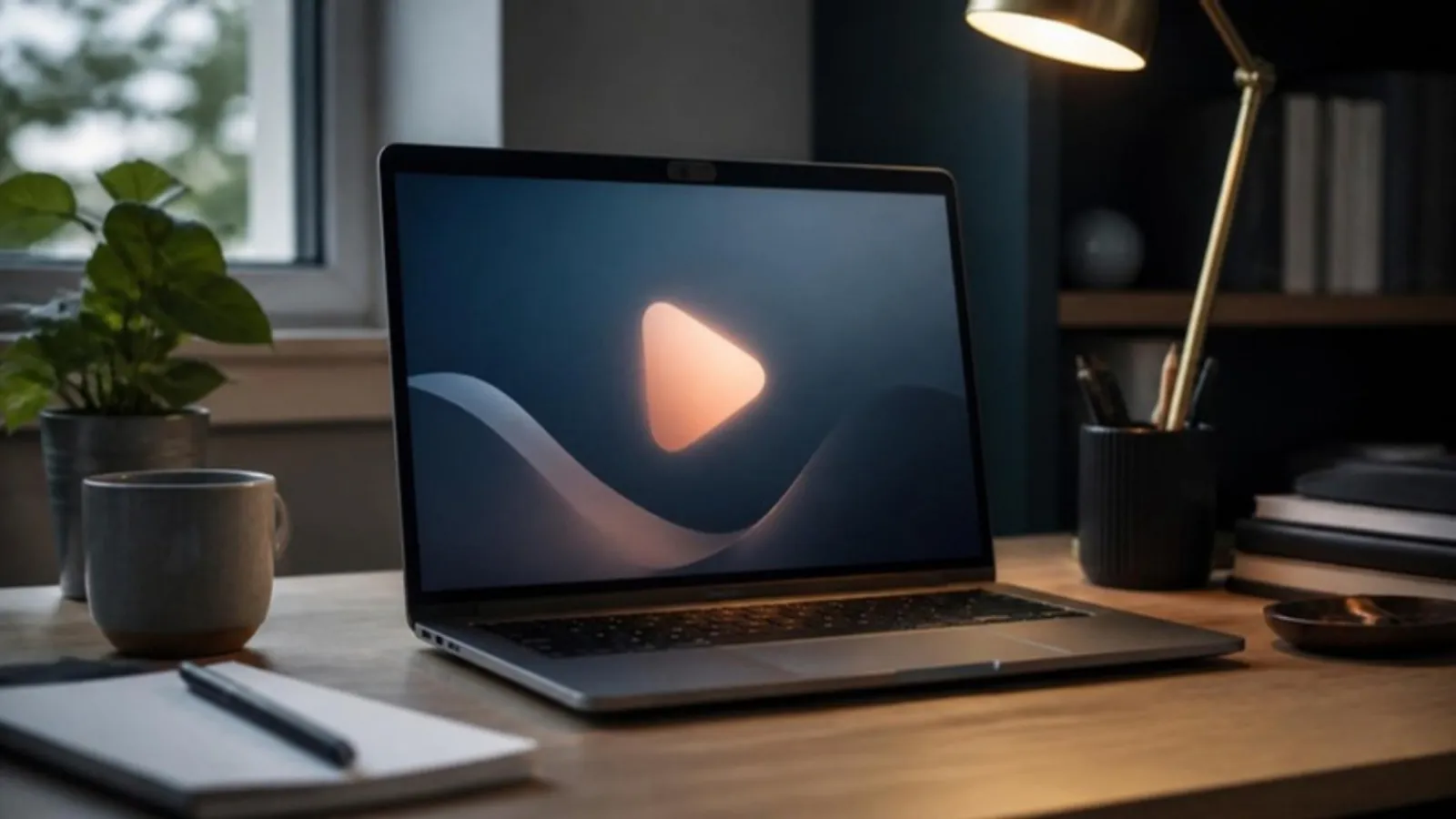Laptop mit leuchtendem Abspielsymbol und abgedeckter Webcam auf Schreibtisch