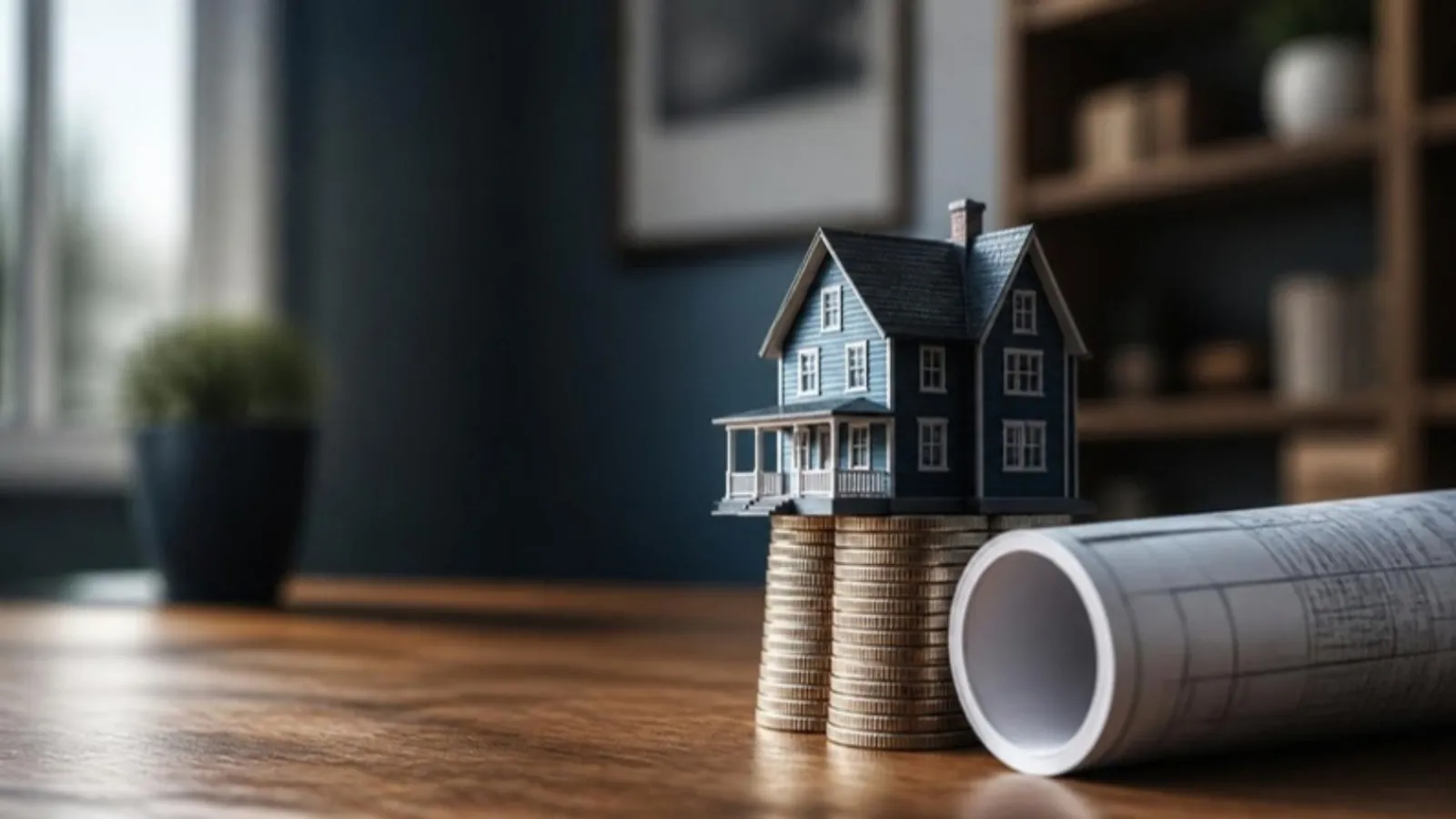 Kleines Modellhaus steht auf einem Münzstapel neben einem Bauplan