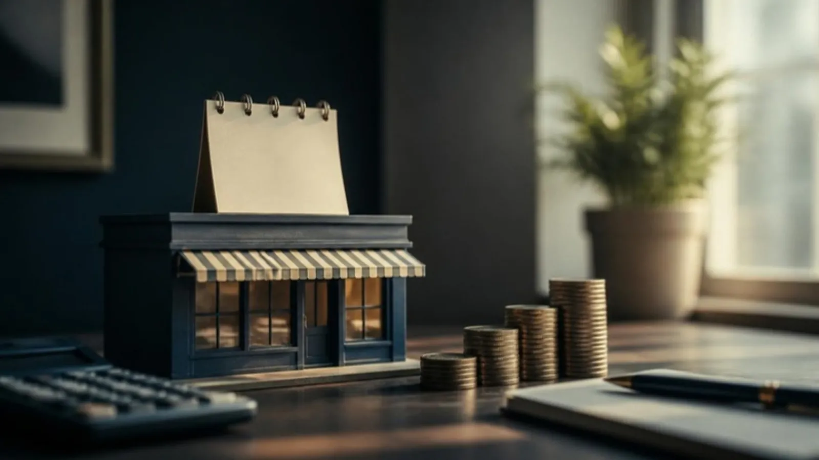 Miniaturladen mit Klappschild steht neben einem Münzstapel auf Tisch