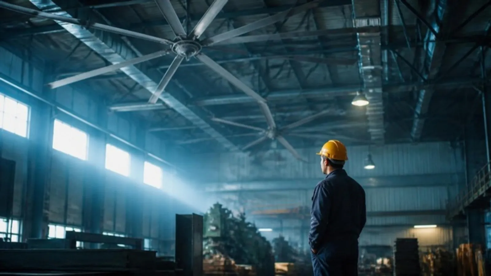 Große Deckenventilatoren und Lüftungsrohre in einer Industriehalle