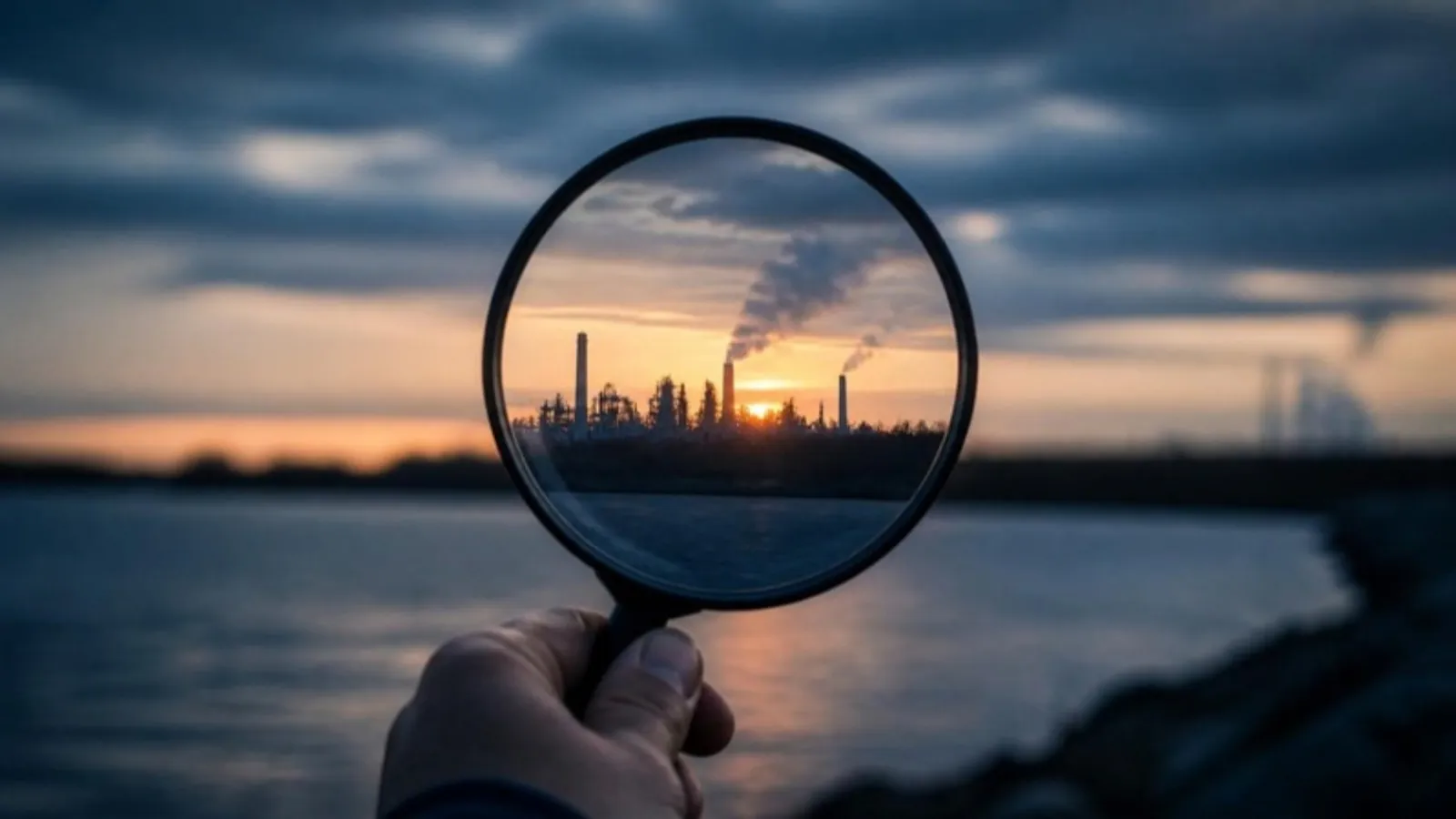 Lupe wird vor eine Industrieanlage am Horizont im Abendlicht gehalten