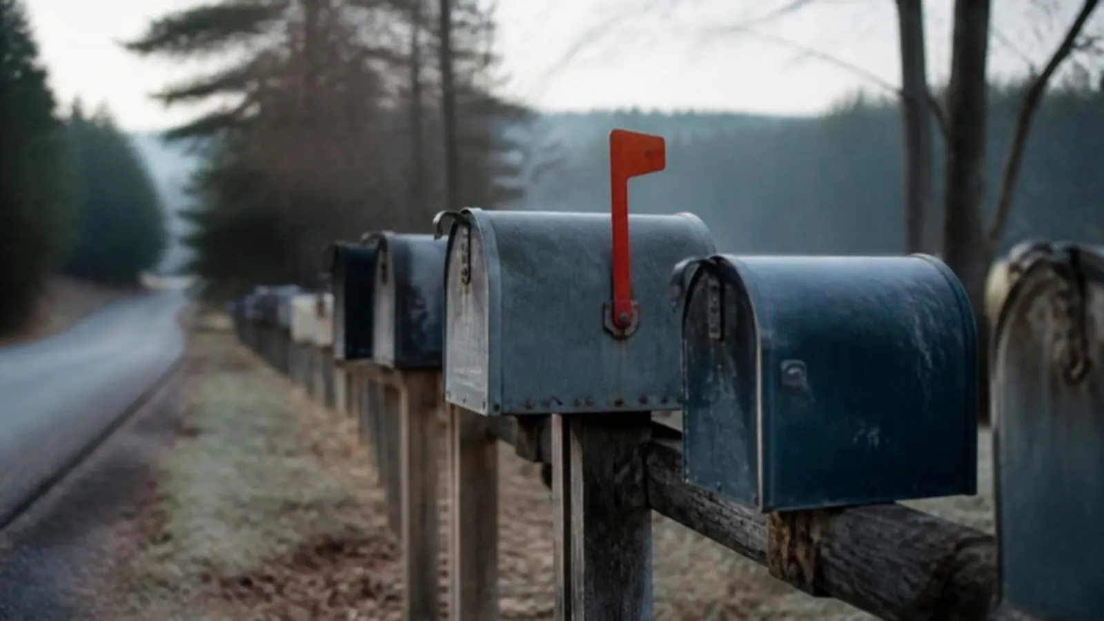 Reihe von Briefkästen am Straßenrand, einer mit hochgestellter Fahne
