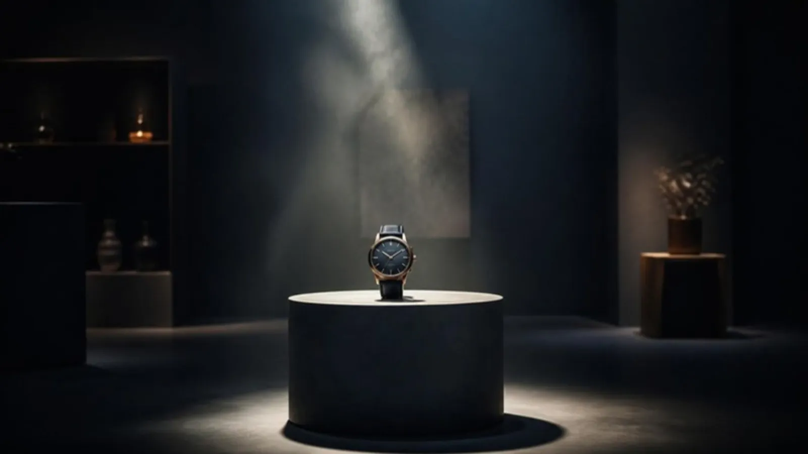 Einzelnes Podest wird im dunklen Ausstellungsraum angestrahlt