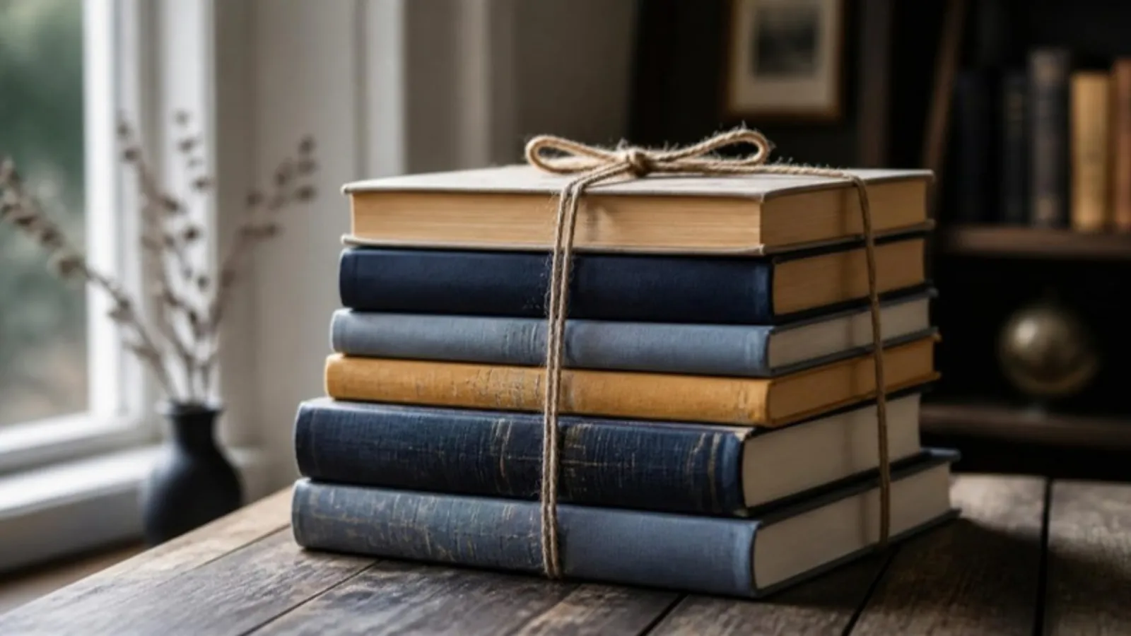 Verschiedene Bücher sind mit Bindfaden zusammengeschnürt auf einem Tisch