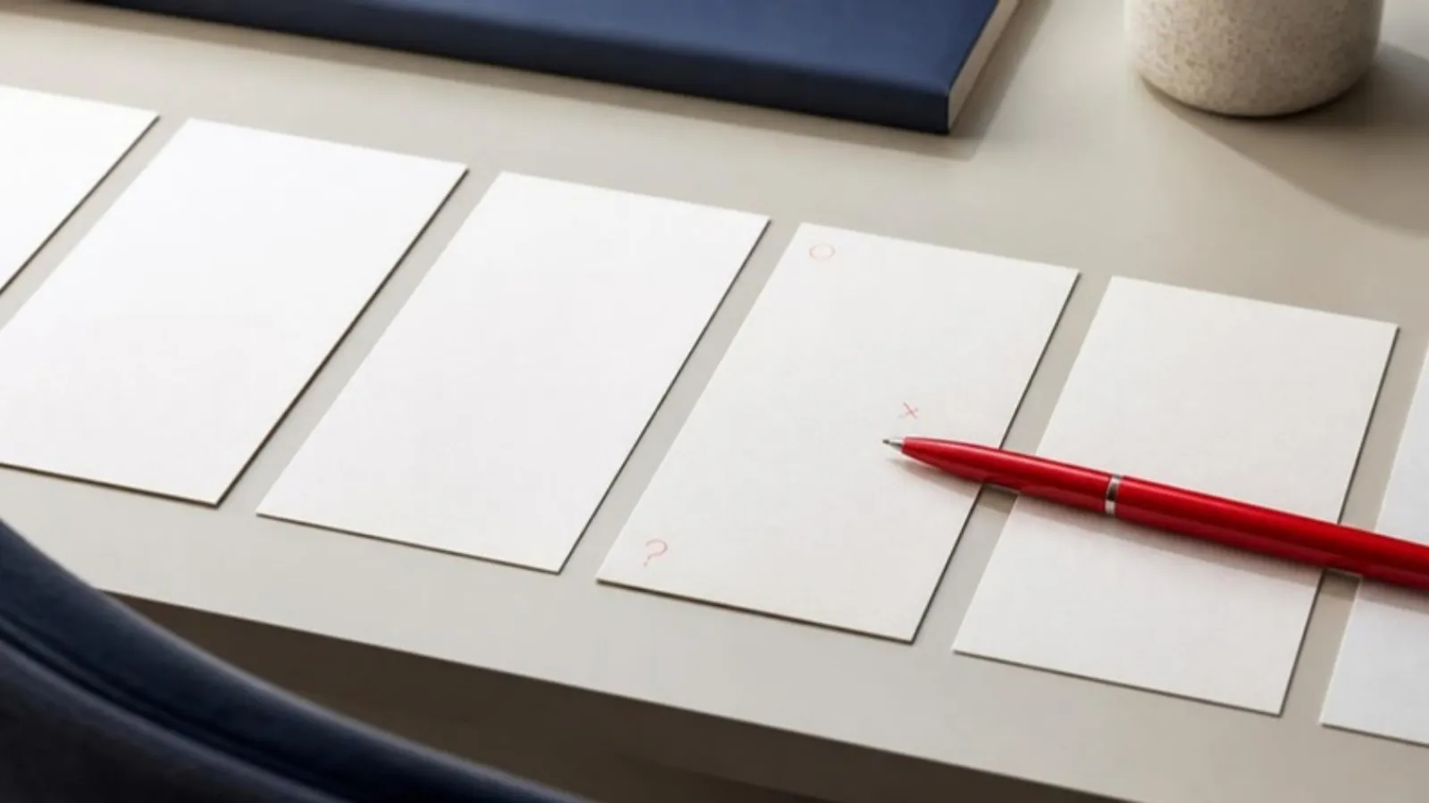 Reihe leerer Karteikarten mit rotem Stift auf einem Leuchttisch