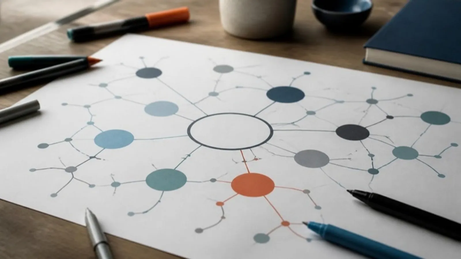 Handgezeichnete Mindmap mit bunten Kreisen und Linien auf Papier