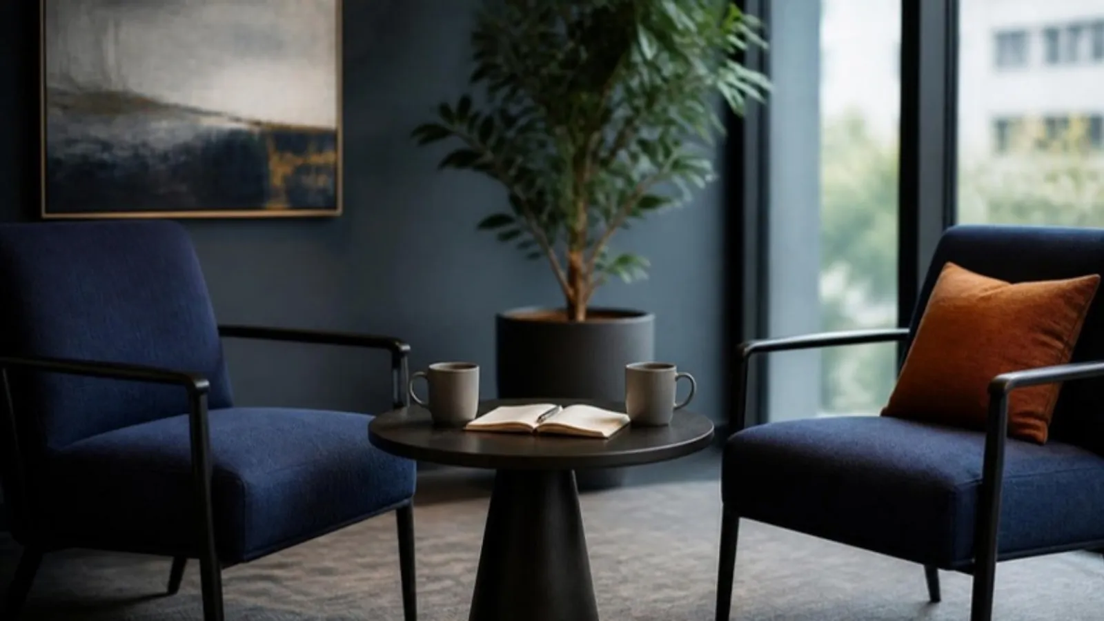 Zwei leere Stühle an rundem Tisch mit Kaffeetassen und Notizblock