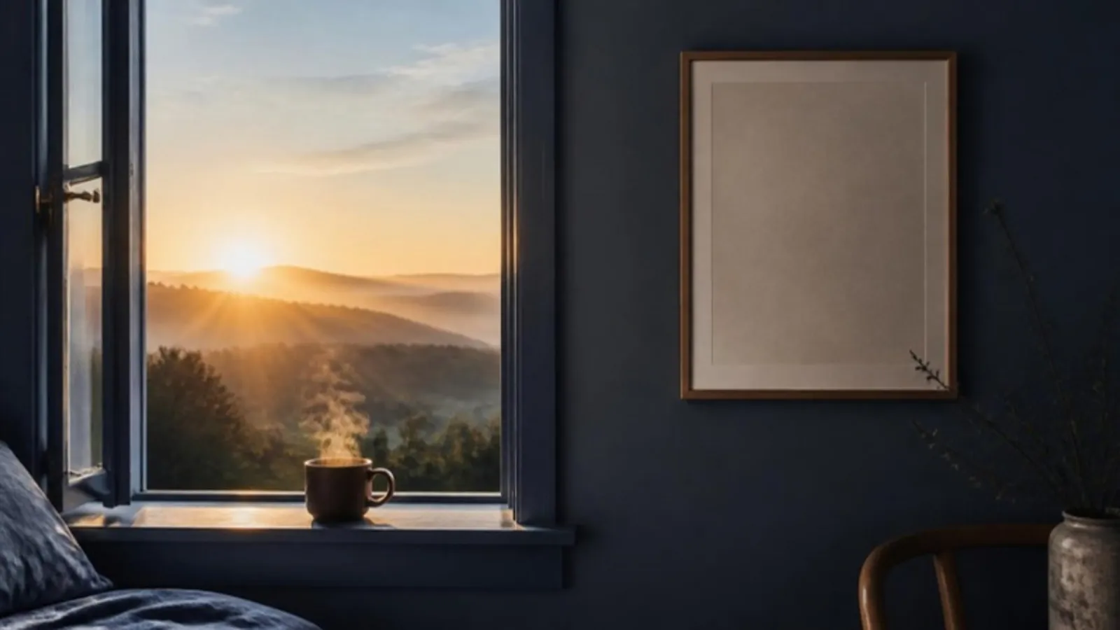 Dampfende Tasse auf Fensterbank vor Sonnenaufgang über Hügeln