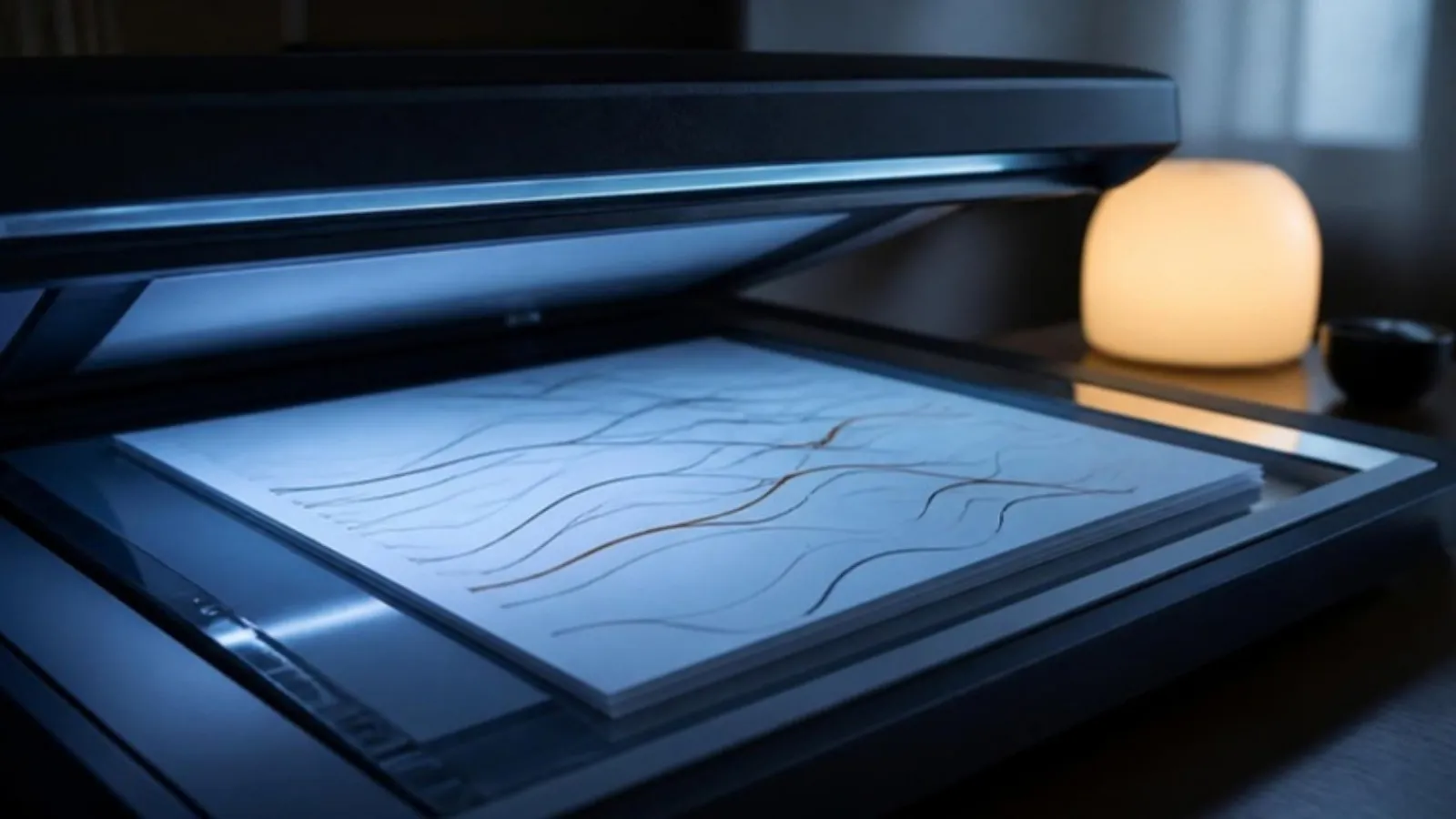 Scanner fährt über Papier mit abstrakten Wellenlinien in blauem Licht
