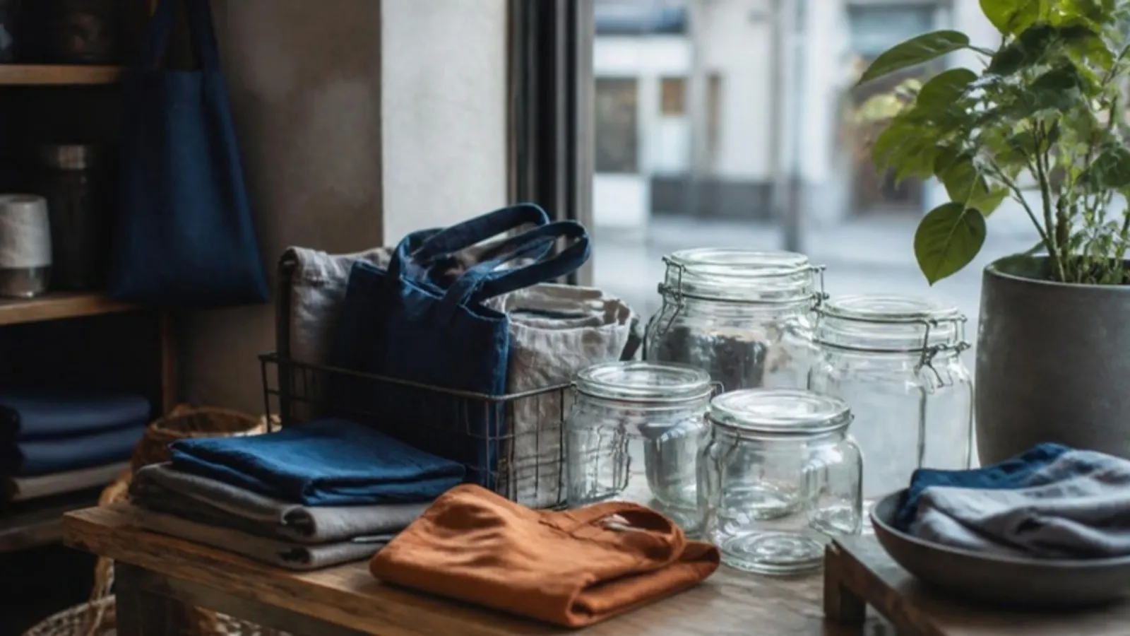 Stoffbeutel und Gläser stehen in einem Schaufenster statt Plastik