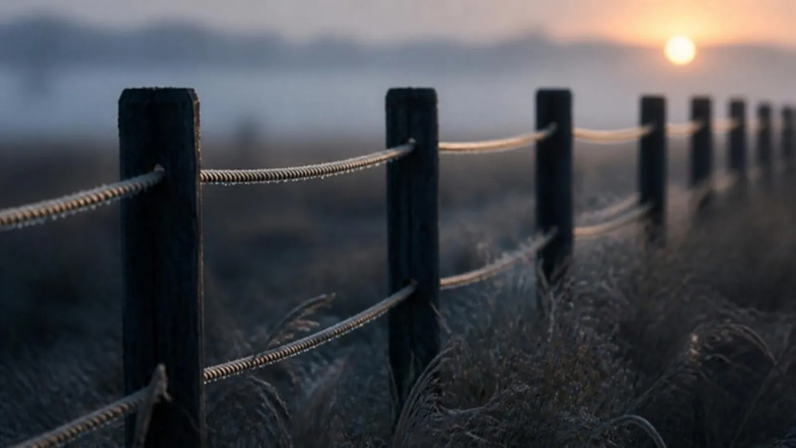 Zaunpfosten im Feld sind durch gespannte Seile miteinander verbunden