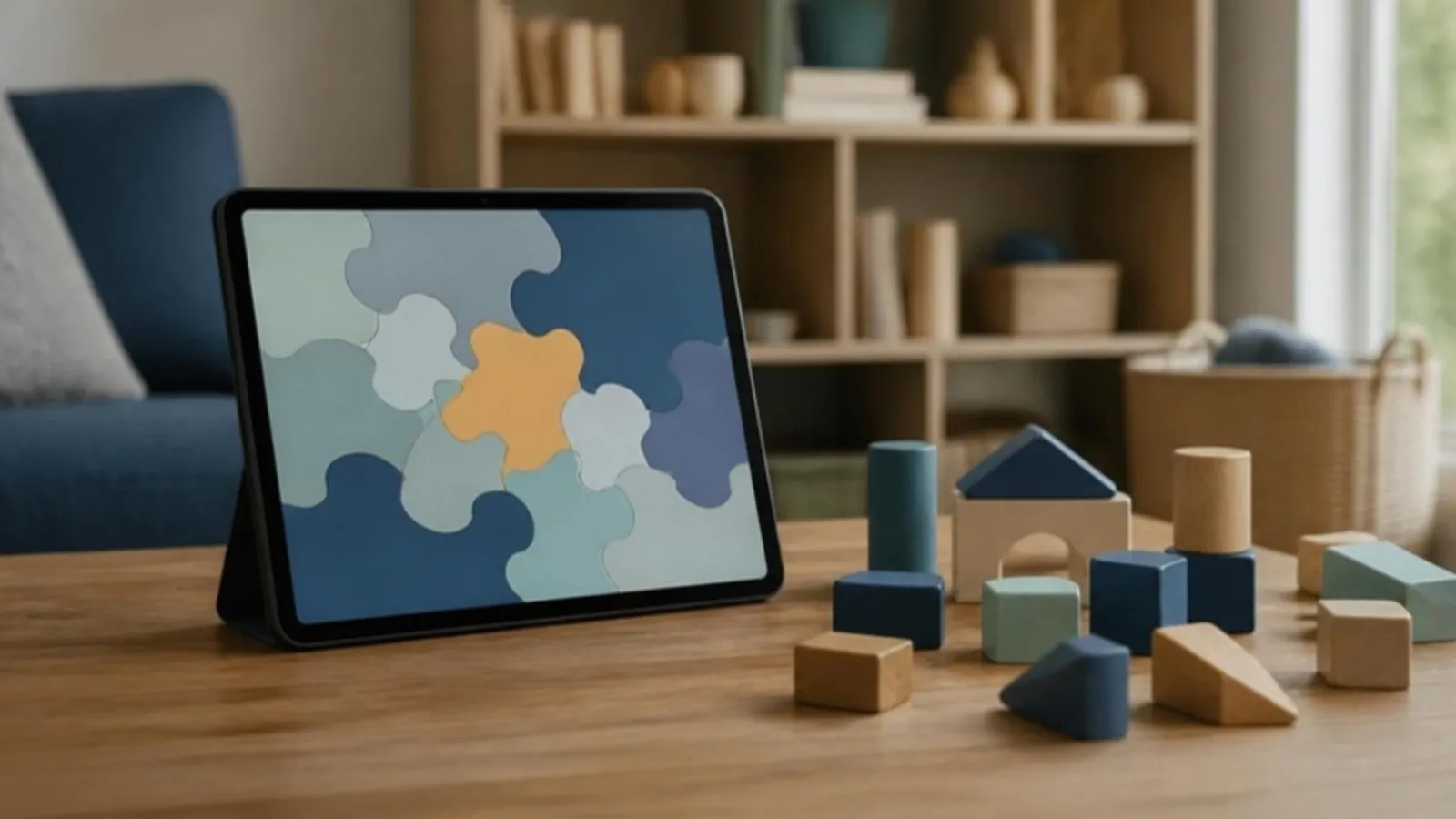 Tablet mit buntem Puzzlemuster neben verstreuten Holzbausteinen auf Tisch