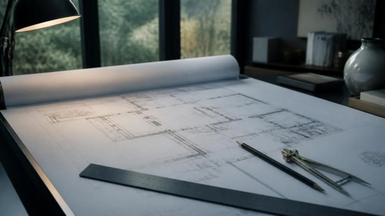 Bauplan mit Lineal, Zirkel und Bleistift auf einem Zeichentisch