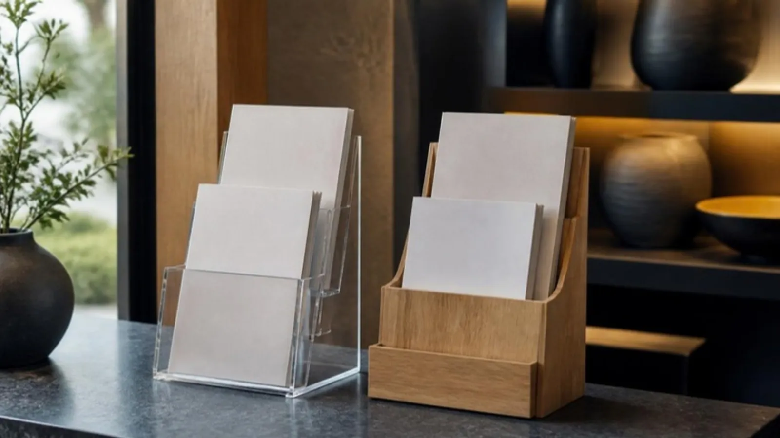 Zwei Prospekthalter aus Kunststoff und Holz stehen nebeneinander